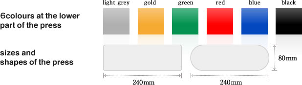 ６colours at the lower part of the press:light grey / gold / green / red / blue / black sizes and shapes of the press:240mm X 80mm
